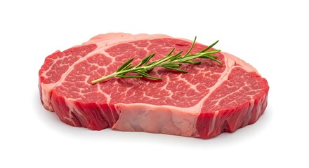 A raw, marbled beef steak with a sprig of rosemary, isolated on a white background