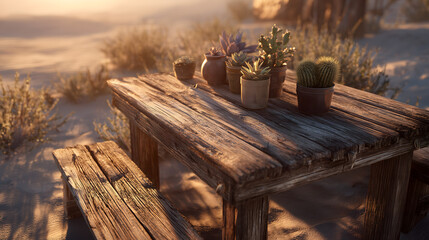 Rustic wooden picnic table with potted plants in desert scene