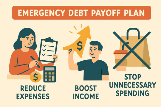Debt Payoff Strategy. Flat design of emergency debt payoff plan — reduce expenses, boost income, stop unnecessary spending.