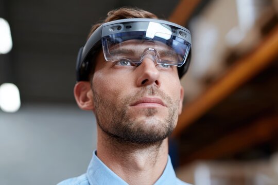 A professional logistics planner using augmented reality glasses to optimize warehouse layouts