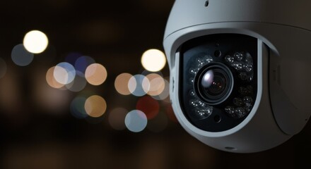 A high-resolution security camera, poised against a blurred city night backdrop.