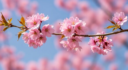 Obraz premium Closeup of delicate pink cherry blossoms on a branch against a soft, blurred background