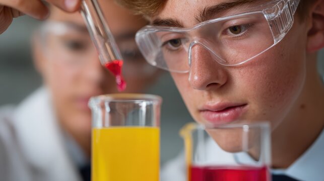 students conducting chemistry experiment with colorful liquids in glass beakers