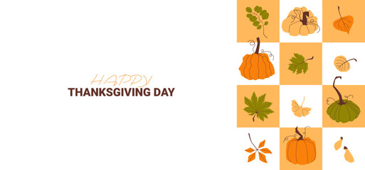 Happy Thanksgiving banner with pumpkins and autumn leaves arranged in modern square blocks. Seasonal design with text area, ideal for greeting cards, flyers, invitations, and festive ads. Vector