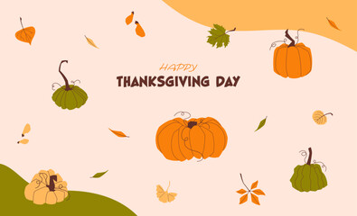 Happy Thanksgiving banner with pumpkins, colorful autumn leaves, and festive design. Includes text space for invitations, greetings, posters, and seasonal holiday decoration. Vector illustration