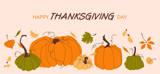 Thanksgiving banner featuring pumpkins and autumn leaves. Warm seasonal design with text space, suitable for holiday invitations, greeting cards, festive flyers, and fall celebration posters. Vector