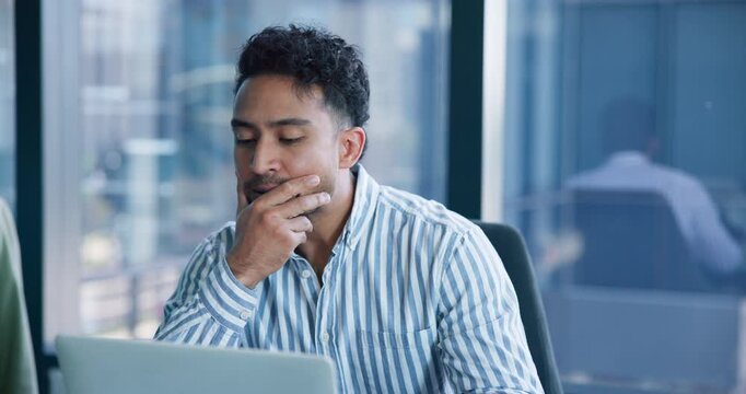 Business, laptop and man with stress in office for finance mistake, auditing deadline or pressure. Accountant, employee and overwhelmed with tech at firm for financial bankruptcy, overworked or worry
