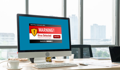 Virus warning alert on computer screen detected modish cyber threat , hacker, computer virus and...