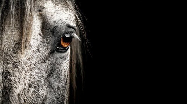 Close-up of a horse's expressive eye highlighting details in the grey fur and the striking amber iris