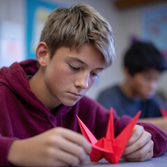 Students folding origami animals for a math geometry project