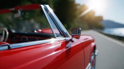 Holiday road trip with convertible car under bright sun