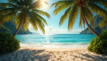 Exotic tropical beach invites with soft sand, crystal clear turquoise sea, and rich green palm trees framing scene. Gentle waves lap shore under bright, sunny sky, creating perfect paradise getaway.