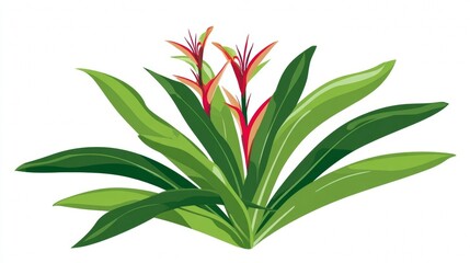 Tropical plant with vibrant red and yellow flowers and green leaves.