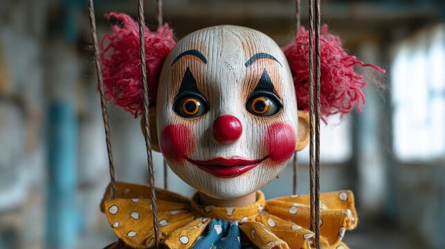 Clown doll is hanging from a string. The clown has red hair and a red nose. Scene is lighthearted and playful