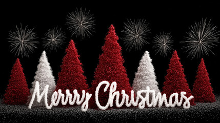 Festive composition featuring red and white Christmas trees, enhanced by firework sparks against a black background. The bold "Merry Christmas" text adds a joyful holiday vibe. Perfect for cards, deco