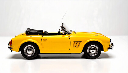 Yellow convertible toy car—classic side profile with chrome accents, black interior, and minimalist white backdrop.