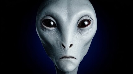 Strange alien with big eyes stares at the camera. The alien is made of white plastic and has a creepy, unsettling appearance