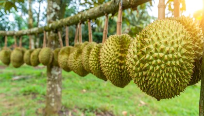 Durian fruit hanging from branches