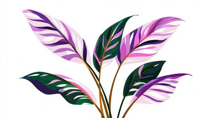 Colorful tropical leaves illustration with pink and green hues.