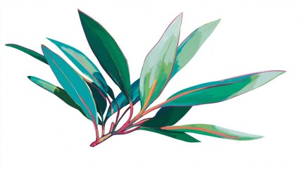 Vibrant green leaves with colorful stems on white background.