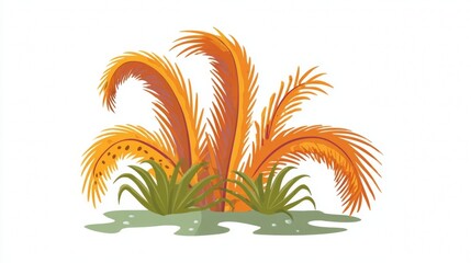 Tropical plants with orange and yellow leaves in a serene environment.