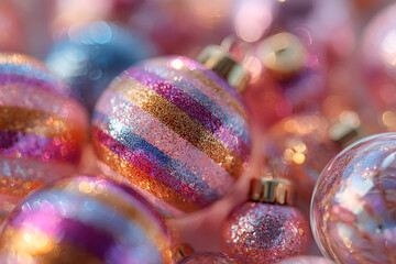 Minimal white space for text overlay, colorful dopamine inspired christmas decorations, neon garlands, glitter ornamentsa