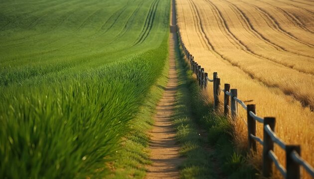 Two fields, one green, parched golden, separated by rustic wooden fence, dirt pathway. Contrast visually represents concept of grass always greener on side, set against peaceful rural summer sky.