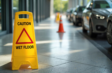 Yellow caution wet floor sign placed in hallway near parked cars. Sign warns about slippery surface due to cleaning in process. Safety measures for pedestrians and vehicle occupants.