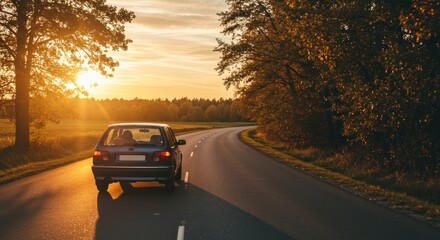 A small car drives along a winding country road at sunset, bathed in golden light.