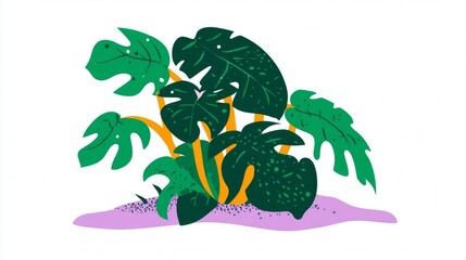 Colorful illustration of tropical plants with large leaves.