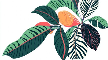 Tropical leaves and fruit illustration with vibrant colors and bold designs.
