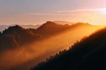 scenic sunset over misty mountains with warm golden light