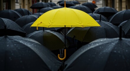 A single bright yellow umbrella stands out amidst a crowd of dark black umbrellas, suggesting individuality and uniqueness in a sea of sameness.