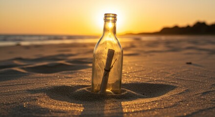 A glass bottle containing a message sits on a sandy beach during sunset, illuminated by the sun.