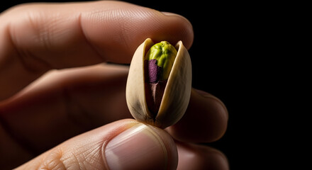 Close-up of hand holding open pistachio nut on black background, healthy food and snack concept.