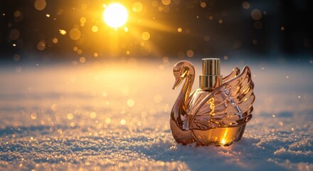 A swan-shaped perfume bottle sits on a snowy landscape, bathed in golden sunlight.