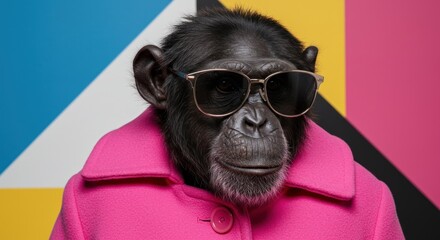 A chimpanzee wearing sunglasses and a pink coat poses against a colorful geometric background.