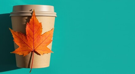 A paper coffee cup with a lid is adorned with a vibrant orange maple leaf, casting a shadow on a teal background.