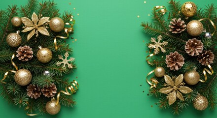 Festive gold Christmas decorations and pine branches arranged symmetrically on a green background, leaving central space.