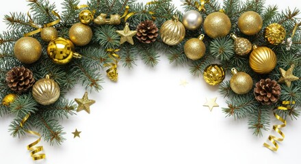 Festive Christmas garland with golden ornaments, pinecones, and stars, arranged on evergreen branches.