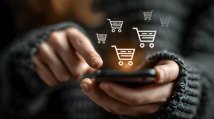 Online Shopping Concept: Person Using Smartphone with Shopping Cart Icons.