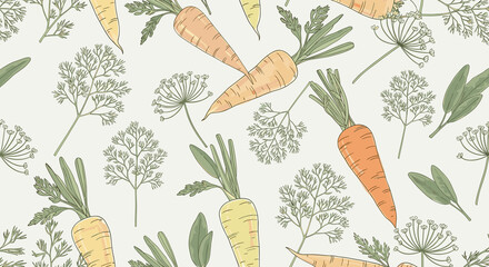 Elegant hand-drawn seamless pattern of carrots and dill in soft pastel colors on light background. This delightful design features vibrant orange, yellow, and white carrots with delicate dill,