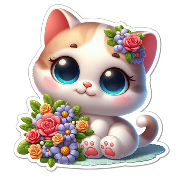 Cute Kitten with Flower Crown and Bouquet