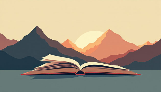 Open book with a picturesque mountain landscape illustrating creativity and imagination