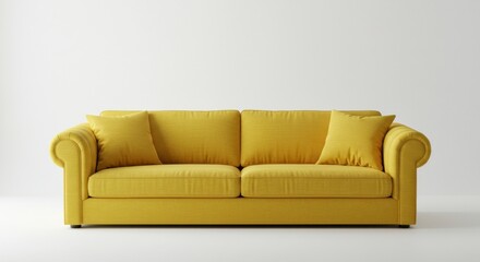 A mustard yellow sofa with tufted backrests, presented against a plain white background.