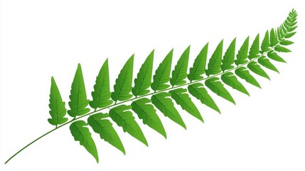 A vibrant green fern leaf frond with natural foliage patterns is isolated on white to showcase the macro botany and spring flora of the forest branch