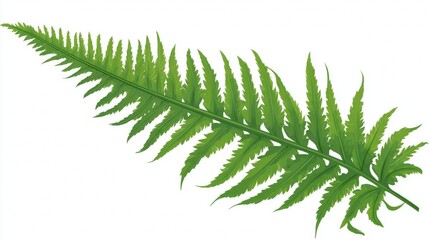 A close-up macro of a green fern leaf frond isolated on a white background shows the natural growth pattern of this forest plant foliage for garden decoration