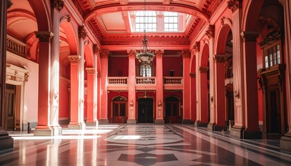 Majestic Red Hall Interior with Classical Architecture and Sunlight.