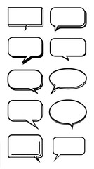 set of 10 different minimalistic speech bubbles simple edges flat tones vectorized icon black stroke continuous stroke plain black and white classic sprite she