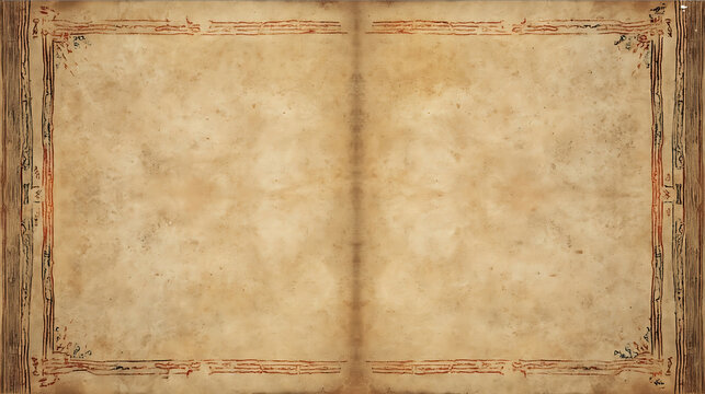 A medieval open book seen from above rendered in a stylized printlike fashion inspired by Tarot de Marseille The books binding is coarse leather the pages thi